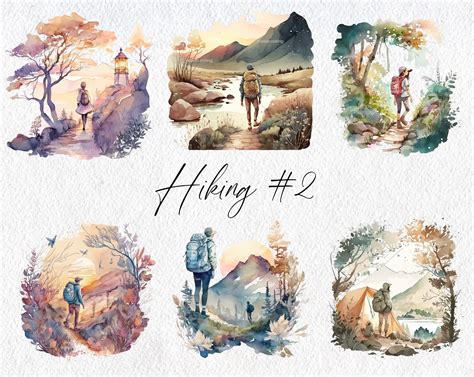 Cute Watercolor Hiking Scenes, Volume 2, Commercial Use Clipart, Hiker ...