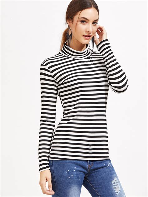 Black And White Striped High Neck T-Shirt EmmaCloth-Women Fast Fashion Online