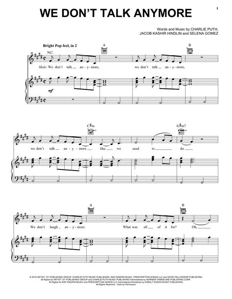 Charlie Puth feat. Selena Gomez "We Don't Talk Anymore" Sheet Music ...