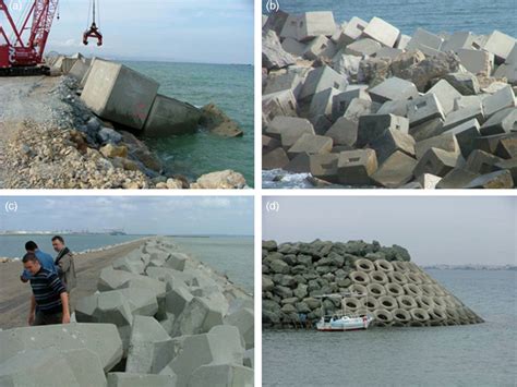 Concrete units. (a) Barcelona breakwater construction with rectangular ...