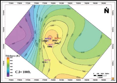 Isopach map of Rudeis formation in the study area. C.I = 25 ft ...