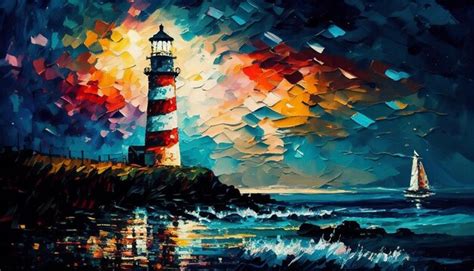 Premium AI Image | A painting of a lighthouse by the sea.