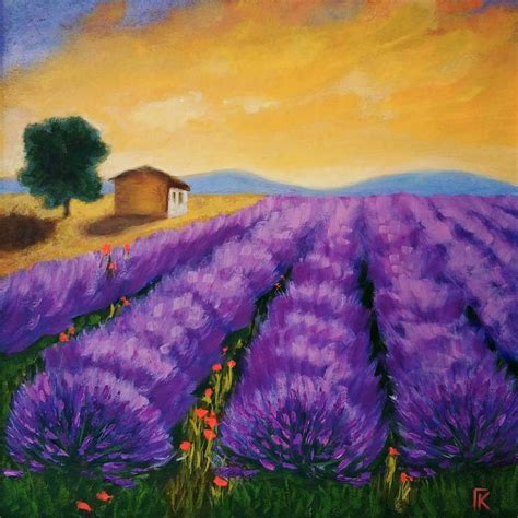 Sunset and lavender field - blooming lavender, landscape. Painting by ...