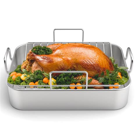 Roasting Pan, EWFEN 17*13 Inch Stainless Steel Turkey Roaster with Rack - Deep Broiling Pan & V ...