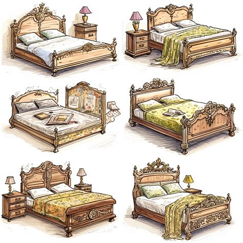 a clipart collection of a set of four King-size bed , highly detailed, crisp sharp lines ...