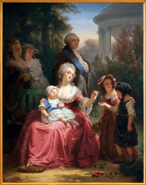 A painting of Louis XVI and Marie Antoinette in the Gardens of Versailles, by Charles Louis ...