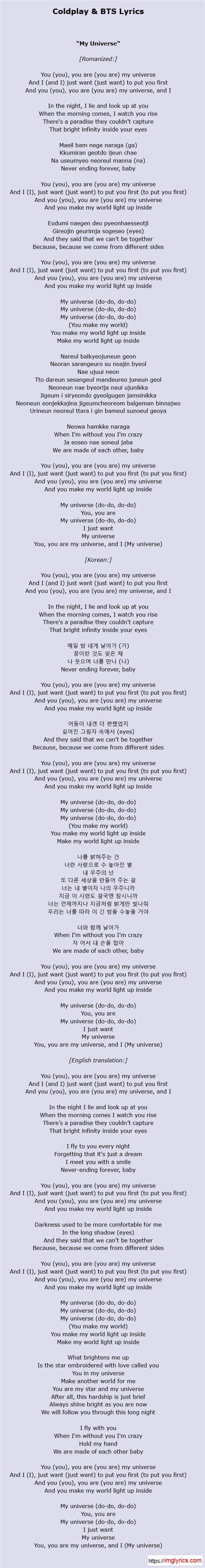 My Universe Coldplay Bts Lyrics Romanized English