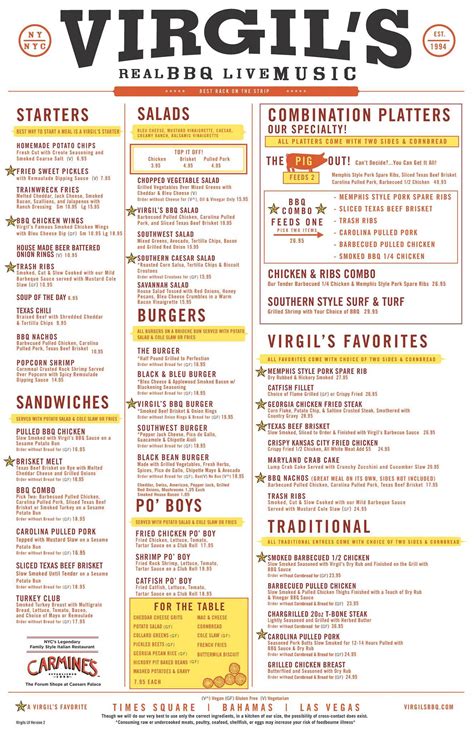 Menu at Virgil's Real BBQ - Las Vegas, Las Vegas