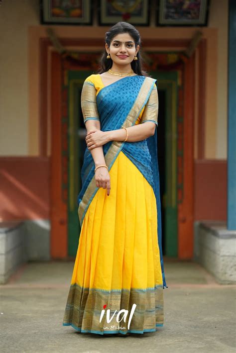 Yellow and Blue Cotton Half Saree (Langa Voni) - Keep Me Stylish