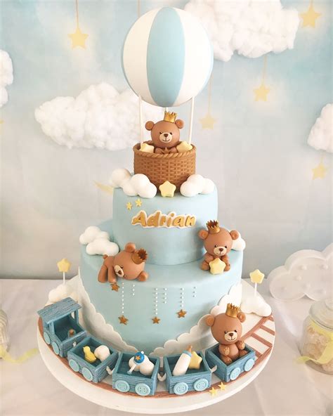 Baby Shower Cake for Baby Boys: Teddy Bears, Hot Air Balloon & Train Cake | Tortas de shower de ...