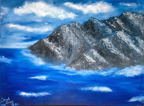 Original oil painting. Painting of ocean and mountains. Seascape painting. Title:Serenity Medium ...