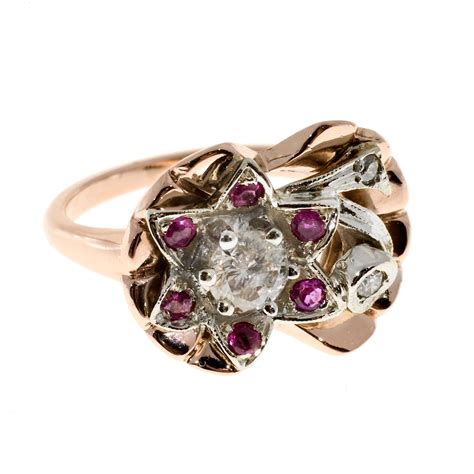 Vintage Retro Flower Ring Ruby Diamond 14k Pink Gold 1935 | eBay