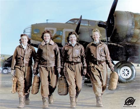 Four female pilots leaving their ship, Pistol Packin' Mama, at the four engine school at ...