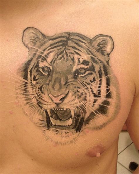 3D realistic big detailed roaring tiger tattoo on chest - Tattooimages.biz