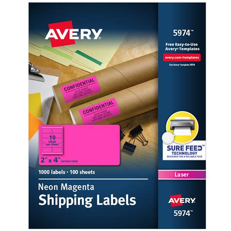 Avery 2"x 4" Neon Shipping Labels with Sure Feed, neon Pink labels for Laser Printers, 1,000 ...