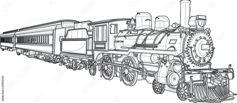 Realistic steam train sketch template. Cartoon vector illustration in black and white for games ...