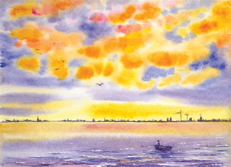 Hand painted watercolor sunset landscape depicting a city silhouette ...