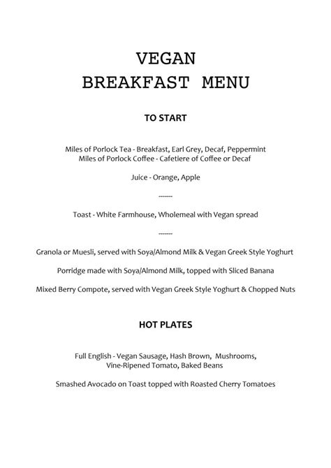 Vegan Breakfast Menu - The Great House