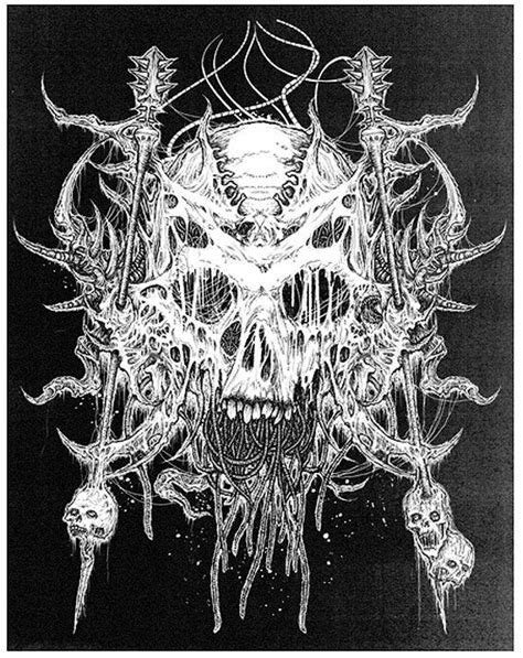 a black and white drawing of a skull surrounded by other demonic looking creatures with horns