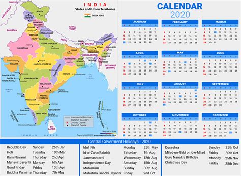 Year 2020 Calendar, Public Holidays in India in 2020