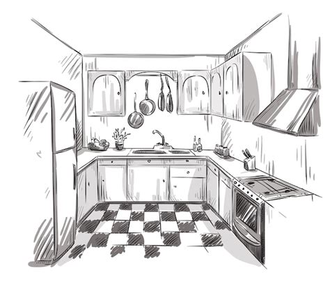 Premium Vector | Kitchen interior line drawing, vector illustration