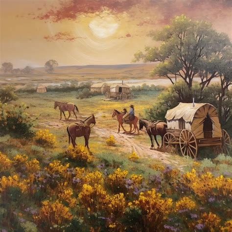 Premium AI Image | painting of a wagon and horses in a field with a man on a horse generative ai