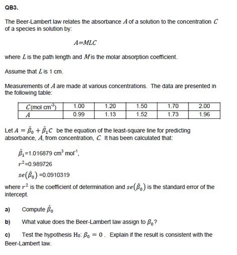 Solved The Beer-Lambert law relates the absorbance A of a | Chegg.com