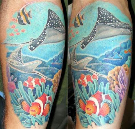 Tropical fish half sleeve | Ocean tattoos, Wave tattoo design, Water tattoo