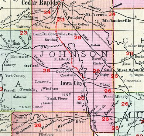 Johnson County, Iowa, 1911, Map, Iowa City, Coralville, Lone Tree, Oxford