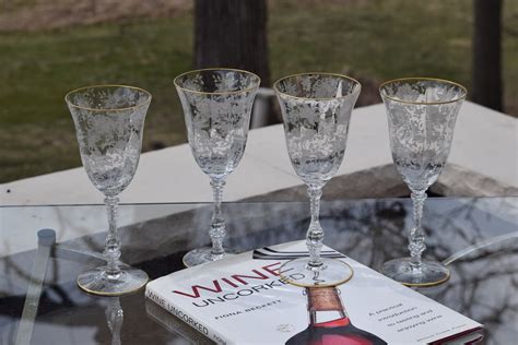 4 Vintage Etched Gold Rim Crystal Wine Glasses- Water Goblets ...