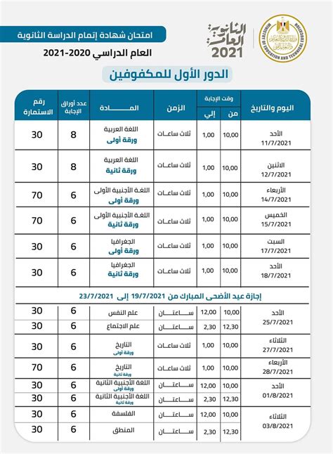 جدول الثانويه العامه 2021 / موعد امتحانات الدور الثاني الثانوية العامة 2021.. جدول ... / We did ...