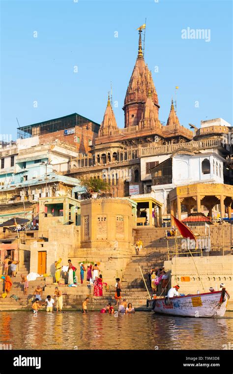 India, Varanasi, 27 Mar 2019 - A view of the ghats Ratneshwar Mahadev, Manikarnika Ghat and ...