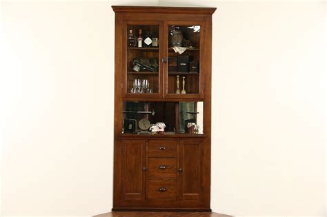 Oak Corner Cupboard, 1900 Antique Cabinet, Glass Doors & Mirrors