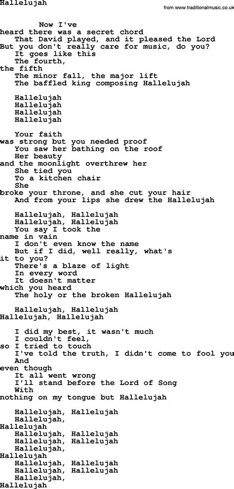 Leonard Cohen song Hallelujah-leonard-cohen.txt lyrics | Great song lyrics, Hallelujah lyrics ...