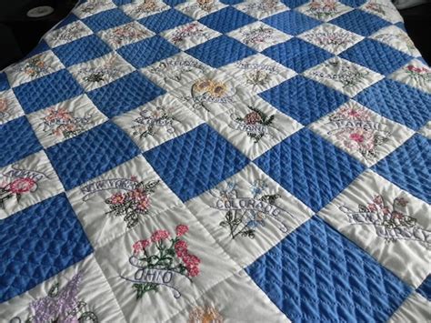 Vintage Quilt State Flowers Hand Stitched Embroidery