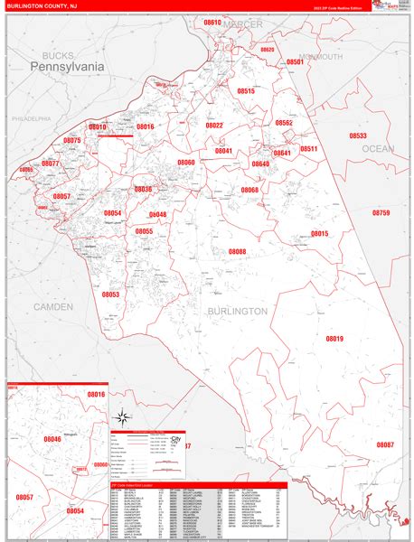 Burlington County, NJ Zip Code Wall Map Red Line Style by MarketMAPS - MapSales