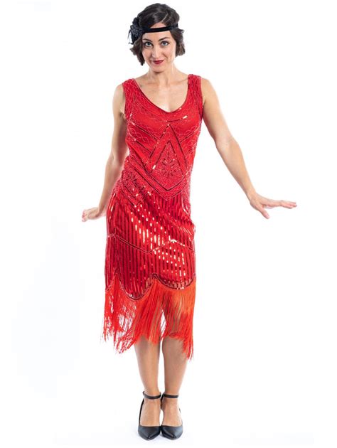 1920s Red Beaded Stella Flapper Dress - Flapper Boutique