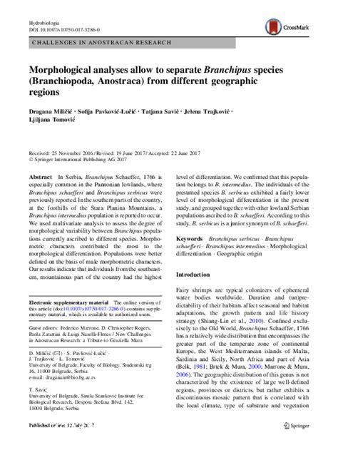 (PDF) Morphological analyses allow to separate Branchipus species (Branchiopoda, Anostraca) from ...