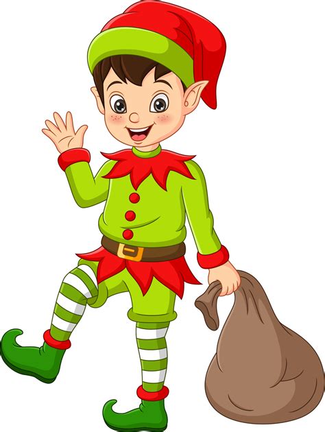 Cartoon happy christmas elf with bag 4993760 Vector Art at Vecteezy