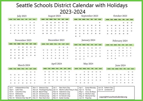 Seattle Schools District Calendar with Holidays 2023-2024