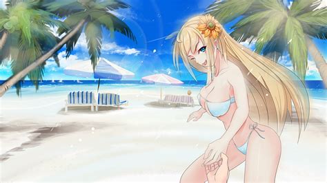 Fond d'écran : blond, cheveux longs, Anime, Filles anime, yeux bleus, plage, bikini, Maillots de ...