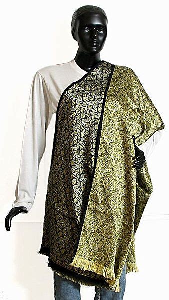 Black and Light Yellow Jamavar Design Reversible Himroo Shawl