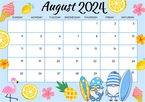 August 2024 Calendar With Flamingo In Multicolored Cartoon Style ...