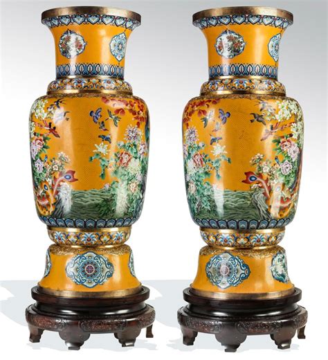 (2) Monumental Chinese cloisonne peacock vases
