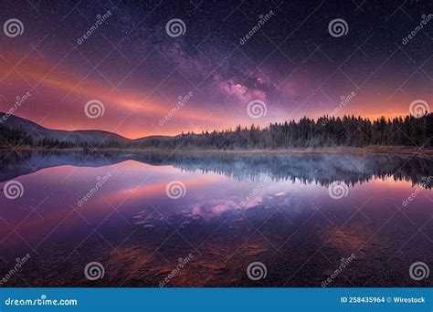 Hyper-realistic Illustration of a Beautiful Dark Starry Night Sky Over a Lake Surrounded by a ...