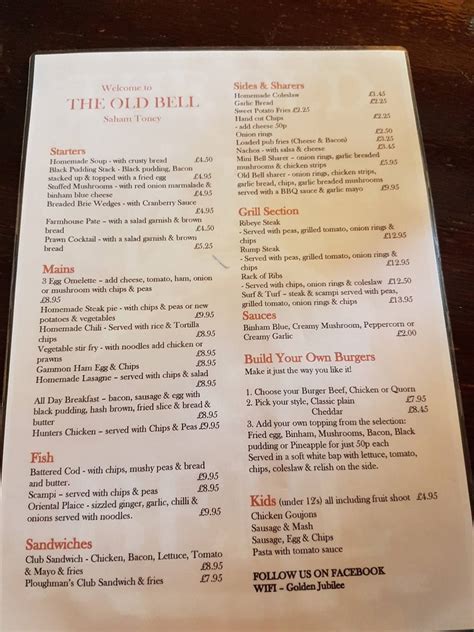 Menu at The Old Bell pub & bar, Watton