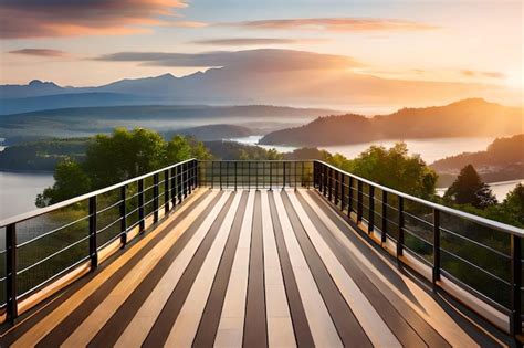 Premium Photo | A balcony with a view of a mountain and the sun setting