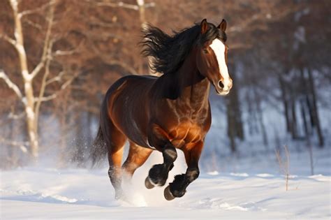 Premium AI Image | a horse running in the snow in a wooded area