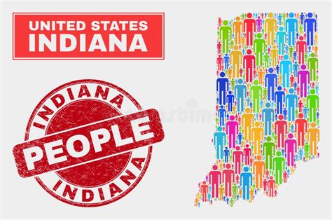 Indiana State Map Population Demographics and Grunge Stamp Seal Stock ...