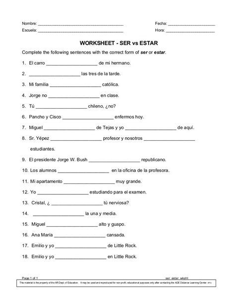 Use Of Ser And Estar Worksheets